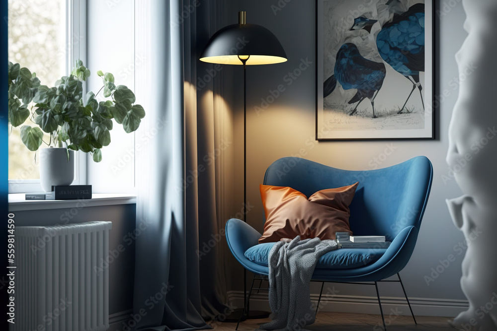 Stylish living room with blue lamp and chair. furnishings with a Scandinavian aesthetic. Generative AI - obrazy, fototapety, plakaty 