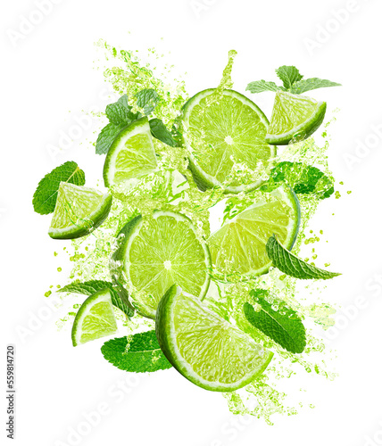 lime and mint leaf splashing