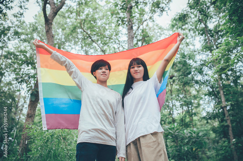 Couple of girl with girl,LGBT Pride month concept,Asian Handsome male make up and wear woman cloth,Gay Freedom Day,Portrait of Non-binary on white background photo