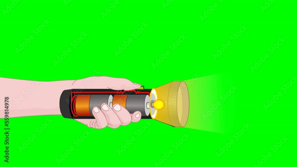 Flashlight opening anatomy. Lighting scene animation. Handle flash light, torch parts. Electrical circuit system. Resistance battery,  switch, bulb. Electric current. Transparent green screen back