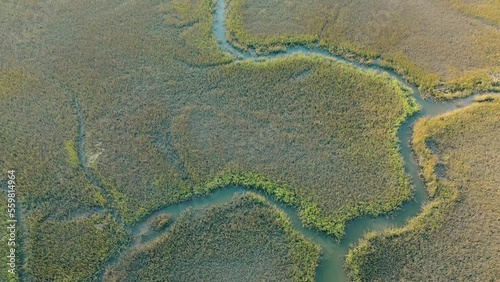 Aerial view passing over a salt marsh near Charleston, SC.