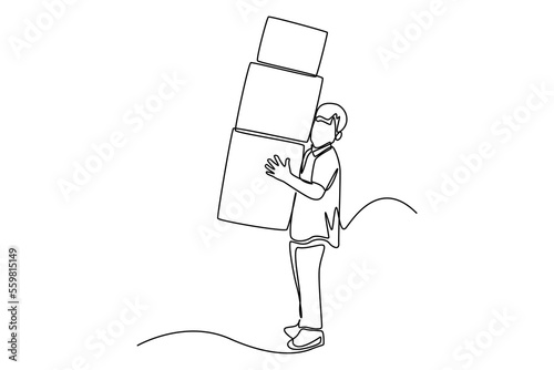 Single one line drawing A boy holding a stack of cardboard boxes in hands. Cargo Concept. Continuous line draw design graphic vector illustration.