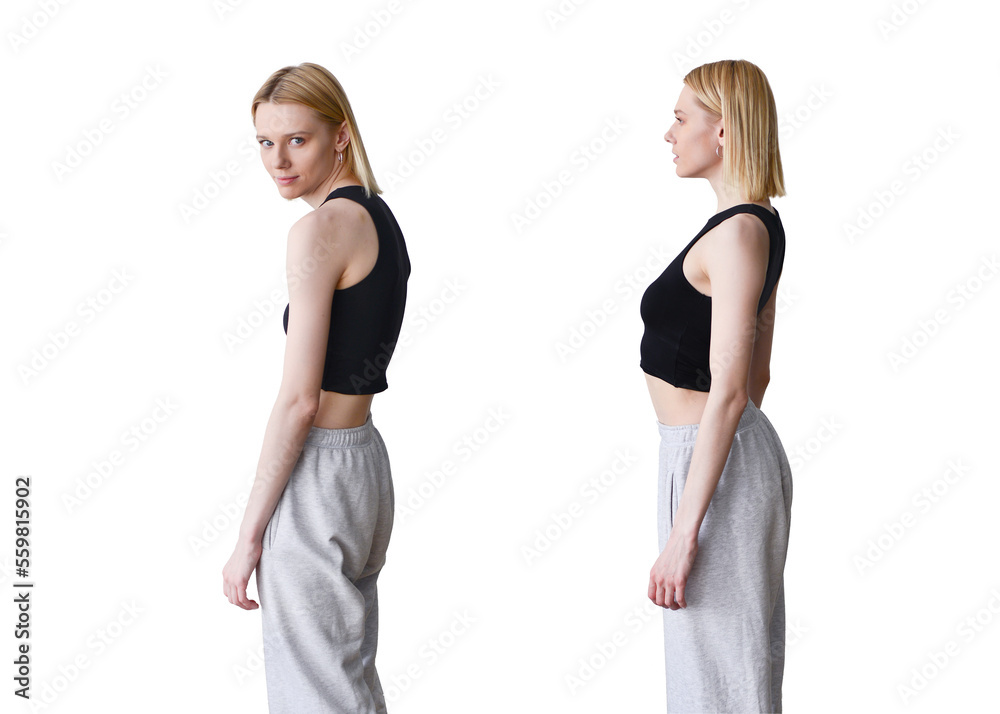 Woman slouching and straightening showing good and bad posture - obrazy, fototapety, plakaty 