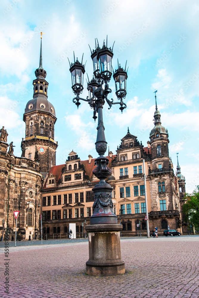 Beautiful landscape with a lantern on the square in the Old Town in Dresden, Germany.