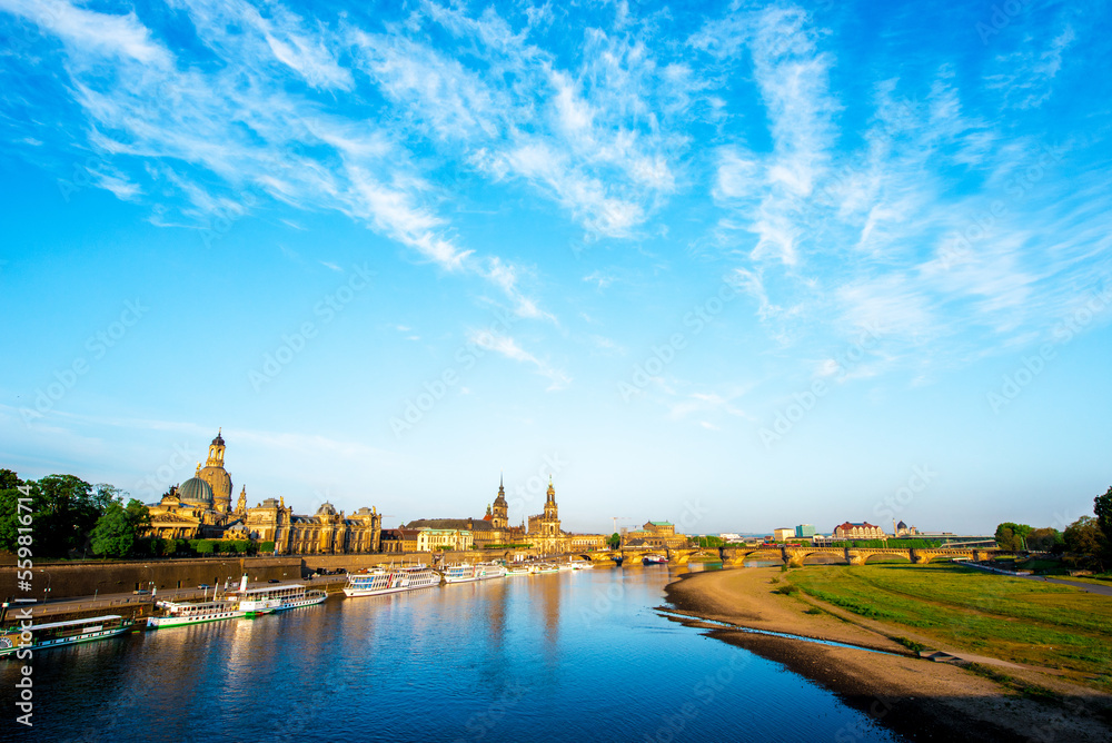 The picturesque view of old Dresden over the river Elbe in evening. Saxony, Germany