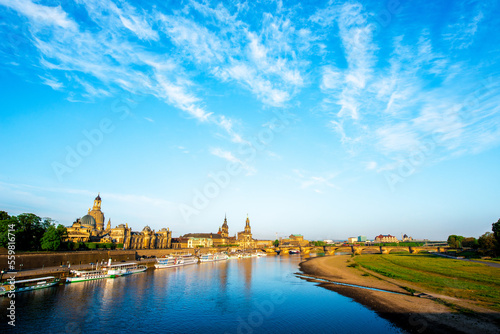 Obraz na płótnie The picturesque view of old Dresden over the river Elbe in evening. Saxony, Germany w salonie