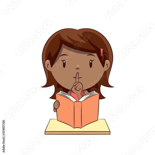 Little girl holding book making silence gesture