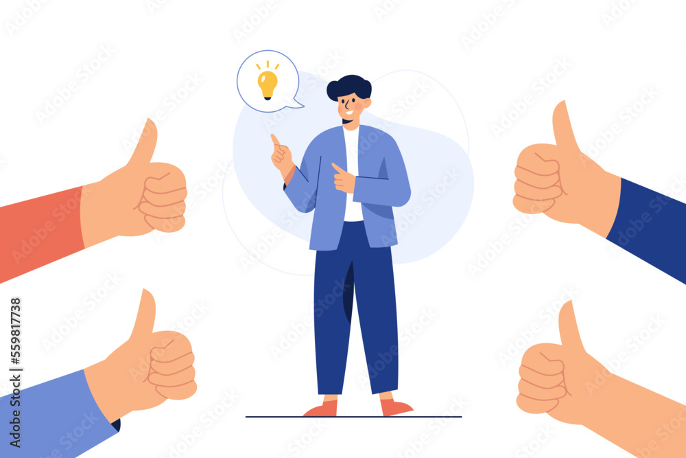 A man who thinks idea and is admired by thumbs up. A man who thinks idea and is admired by thumbs up.