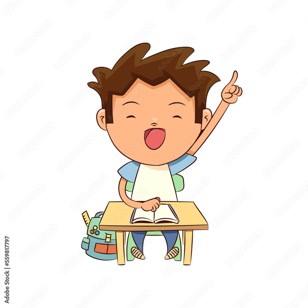 Child sitting raising hand happy student