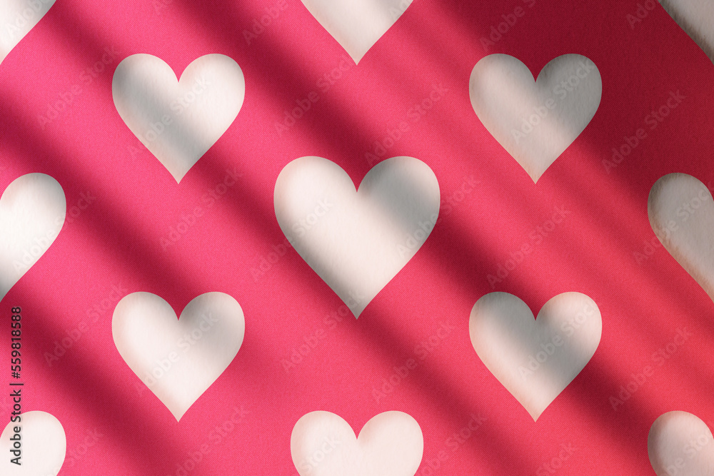 Valentines day heart pattern illustration with pink red background and moody shadows.