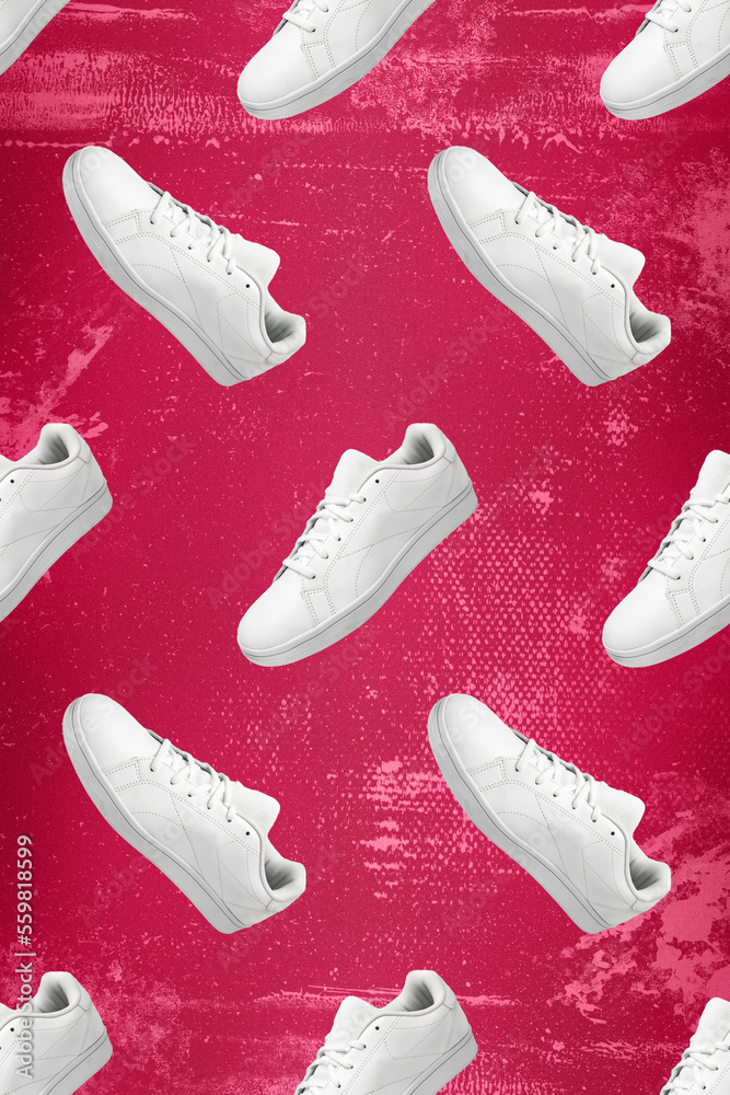 Pattern of white sneakers isolated on Viva Magenta grunge background. Sportive pair of shoes for mockup. Fashionable stylish sports casual shoes. Modern and minimalist wallpaper of fashion lifestyle. Pattern of white sneakers isolated on Viva Magenta grunge background. Sportive pair of shoes for mockup. Fashionable stylish sports casual shoes. Modern and minimalist wallpaper of fashion lifestyle.