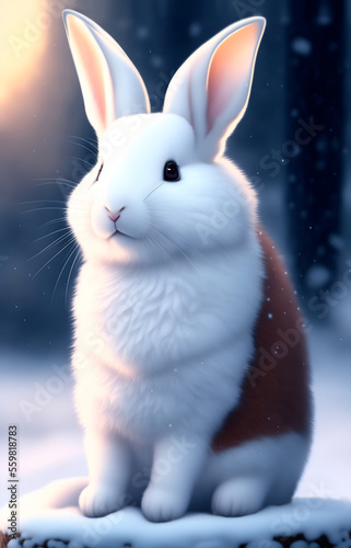 Cute and Lovely rabbit with fluffy fur sitting on the snow on snowy winter day. Cute and Lovely bunny sits on the snow in the forest in winter. Generative AI © angellodeco