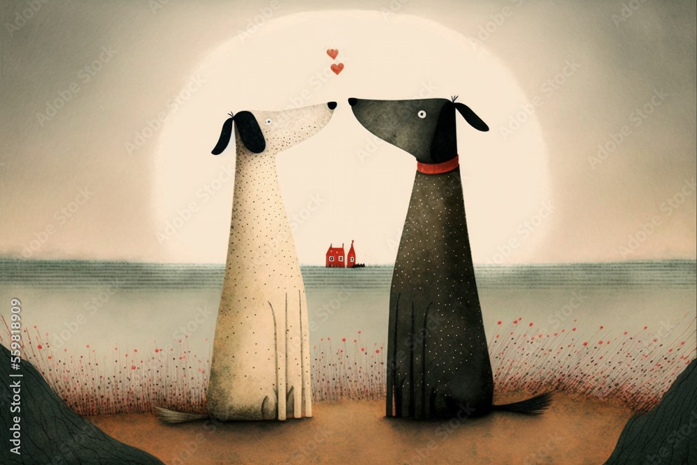 Valentines couple of cute dogs in love , card, art for children
