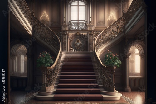 a staircase with a planter and a clock on the wall next to it and a window above it with a view of the stairs and a window above it with a door with a. Generative AI