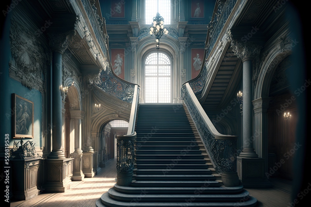 a staircase leading to a window in a building with a chandelier and a clock on the wall above it and a chandelier on the wall above it, and a chandelier.