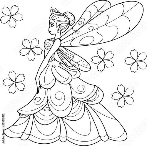 Fairy, Butterfly Princess. Coloring Book, Outline Sketch,Character Design isolated on White Background.vector illustration 