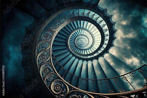 Photographie a spiral staircase with a sky background and clouds in the background, as seen from the bottom up view of the spiral staircase, with a blue sky and white clouds in the background,