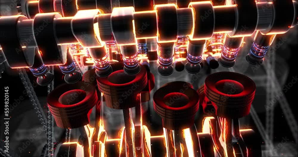 Glowing high power V8 engine with moving internal parts. Valves, pistons and crankshaft. Fuel Injection.