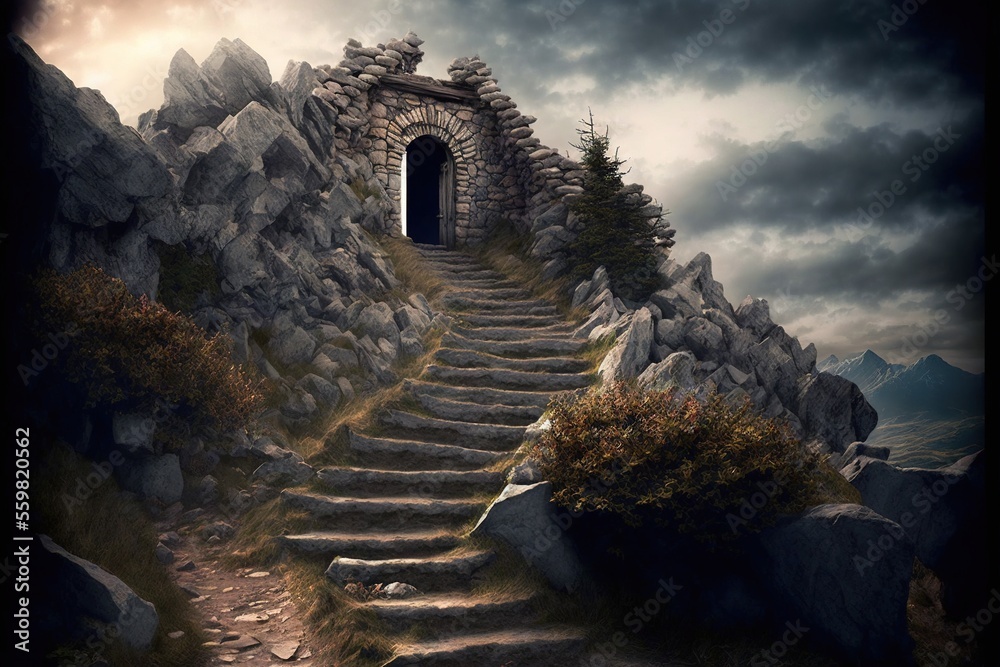 Φωτογραφία a painting of a stone staircase leading to a door in a cave with a dark sky background and a dark sky above it, with clouds and a dark sky with a few clouds, and a few light