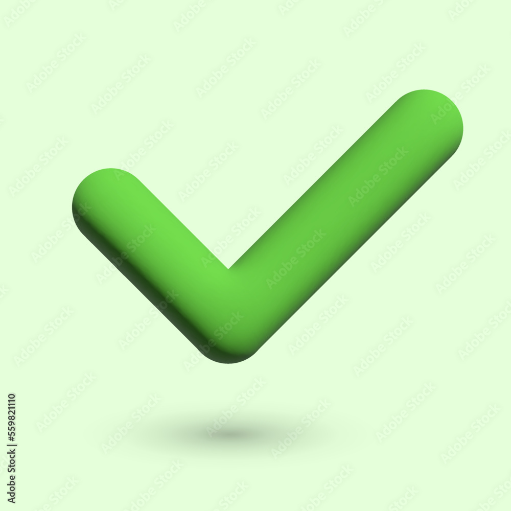 Green check mark 3D, vector. Green check mark 3D with a shadow on a light green background. Green check mark 3D, vector. Green check mark 3D with a shadow on a light green background.