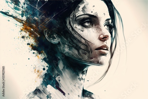 A spiritual abstract female portrait double exposure against bright background generative ai poster