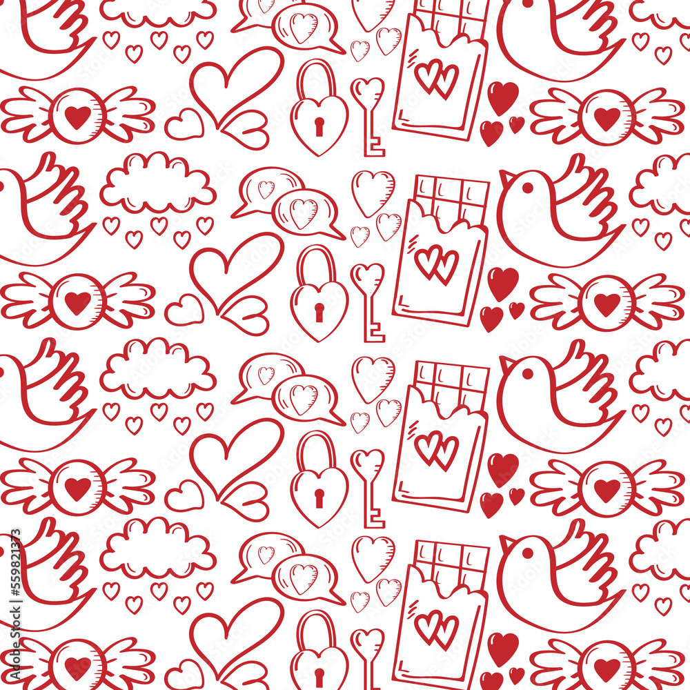 Romantic Valentines Day Pattern In Doodle Style