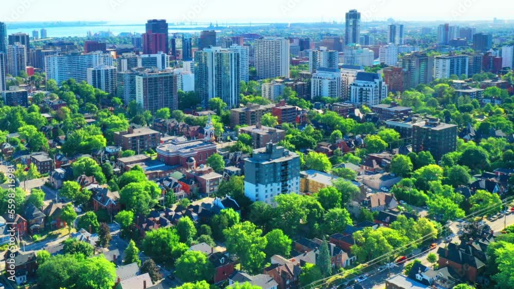 Aerial hyperlapse view approaching Hamilton, Ontario, Canada city center 4K