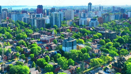 Aerial hyperlapse view approaching Hamilton, Ontario, Canada city center 4K