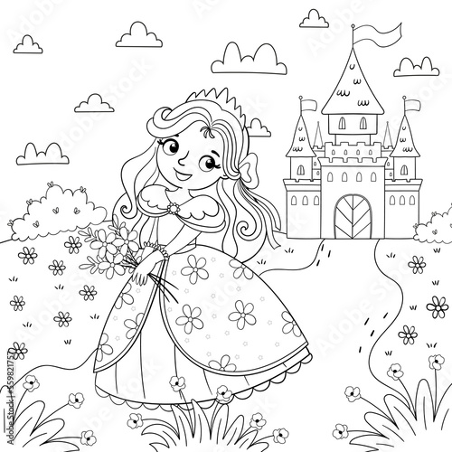 Page of coloring book with a girl and a princess on a background of a magic castle. Design for kids. Vector illustration in a cartoon style.