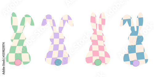 Vector set of easter cartoon rabbits. Easter abbits in groovy hippie style.Design for t-shirts,posters,cards,print. Trendy retro 60s, 70s