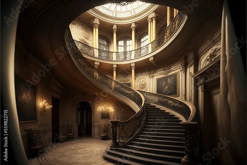 Print op canvas a spiral staircase in a building with a chandelier and paintings on the walls and a painting on the wall behind it that is a circular window above the staircase and below the staircase