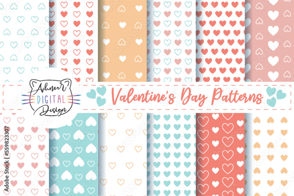 Valentine's Day Hearts Patterns Bundle. Set of Patterns for wallpapers, fabric, wrapping paper, and textiles.
Valentine's Day Hearts Patterns Bundle. Set of Patterns for wallpapers, fabric, wrapping paper, and textiles.