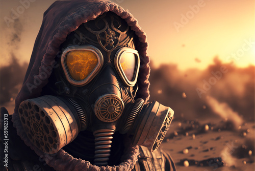 Post apocalyptic survivor in gas mask. Environmental disaster, Armageddon. photo