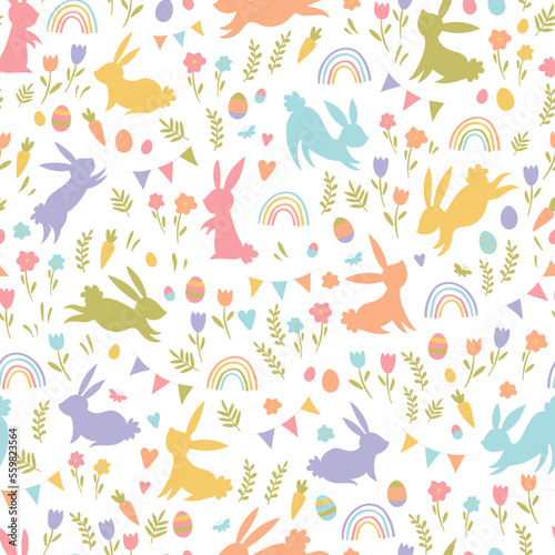 Cute hand drawn Easter seamless pattern with bunnies  flowers  easter eggs  beautiful background  great for Easter Cards  banner  textiles  wallpapers - vector design