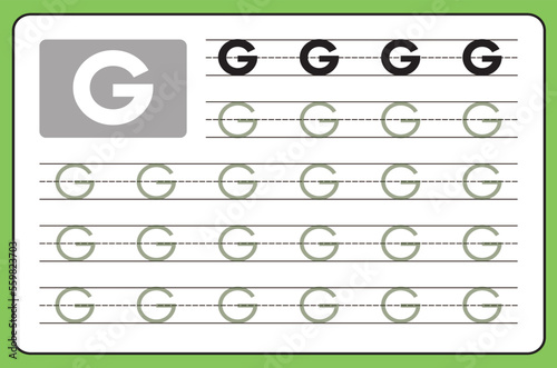 Alphabet Letter G. Worksheet Writing A-Z Vocabulary illustration vector.