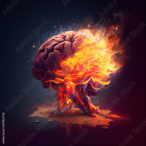 Closeup of human brain on fire on black background