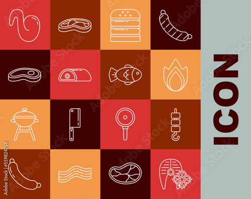 Set line Fresh frozen fish steak, Grilled shish kebab on skewer stick, Fire flame, Burger, Meat, Steak meat, Fried chicken wing and Fish icon. Vector