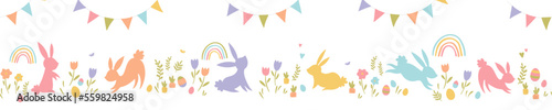 Cute hand drawn Easter horizontal seamless pattern with bunnies, flowers, easter eggs, beautiful background, great for Easter Cards, banner, textiles, wallpapers - vector design