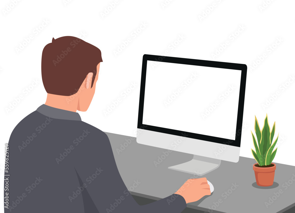 Young man working on a computer. View from his back with blank screen. Flat vector illustration isolated on white background Young man working on a computer. View from his back with blank screen. Flat vector illustration isolated on white background