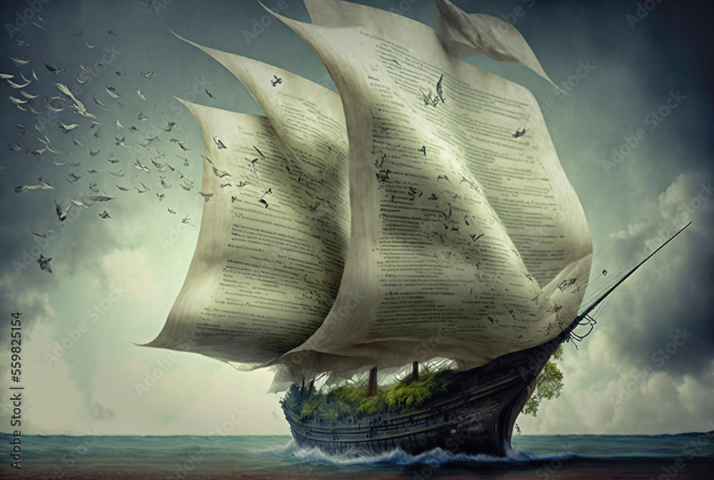 ship in the sea with the sails made of book pages - obrazy, fototapety, plakaty 