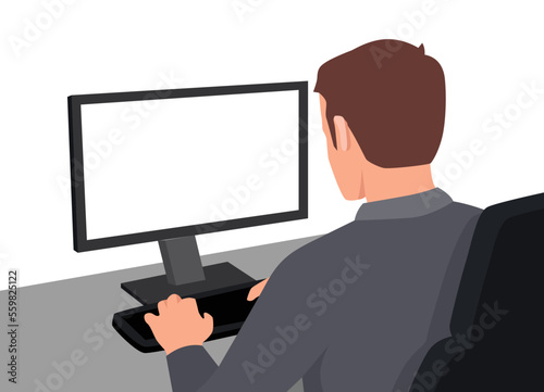 Young man working on a computer. View from his back with blank screen. Flat vector illustration isolated on white background