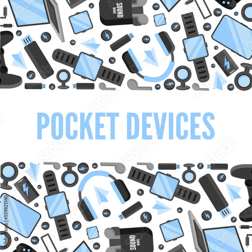 horizontal baner on the topic of digital gadgets, modern electronics items.vector flat cartoon graphics