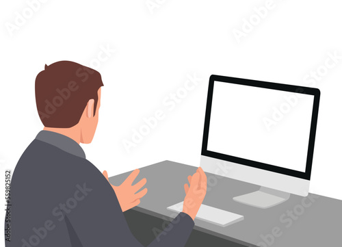 Young man working and talking to someone on a computer. View from his back with blank screen. Flat vector illustration isolated on white background
