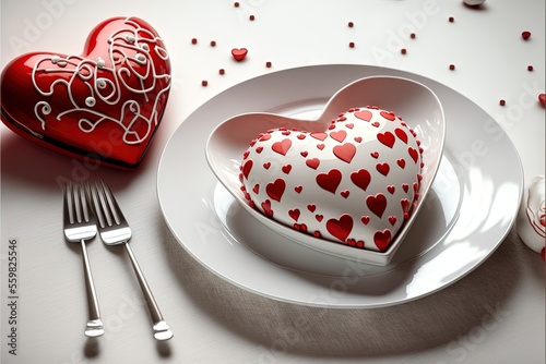  a heart shaped cake on a plate with a fork and knife next to it and a heart shaped box with hearts on it and a spoon on a plate with confetties on a table., generative ai photo