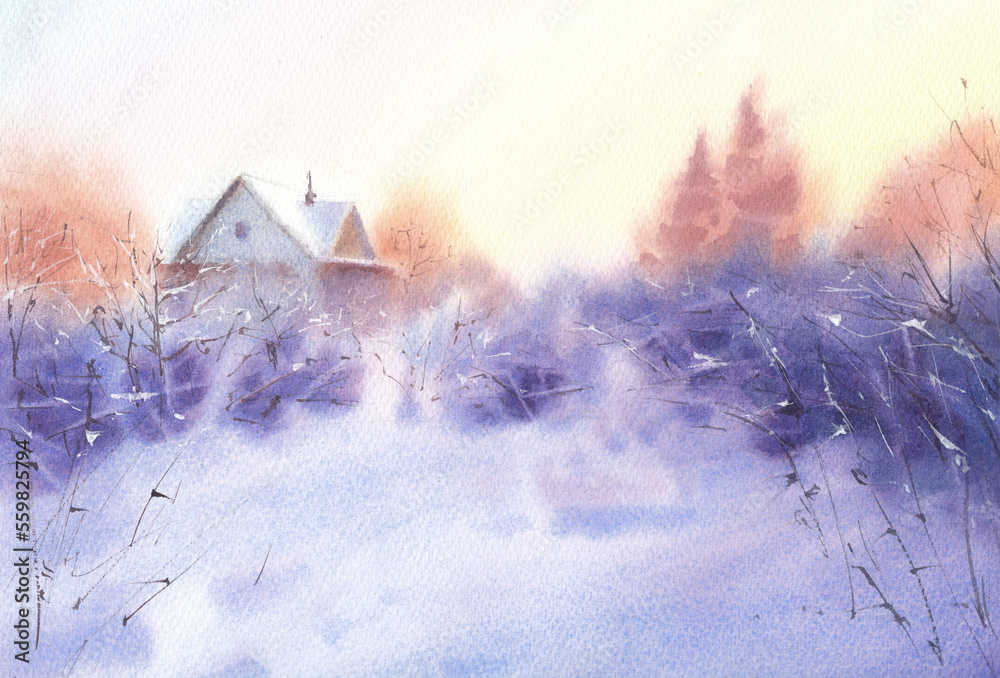 Watercolor illustration. The country house and garden are covered with snow. Winter in the city. Drawing for printing and postcards.