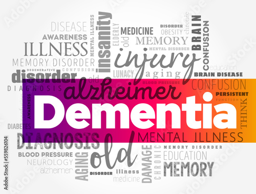 Dementia - disorder which manifests as a set of related symptoms, which usually surfaces when the brain is damaged, word cloud concept background