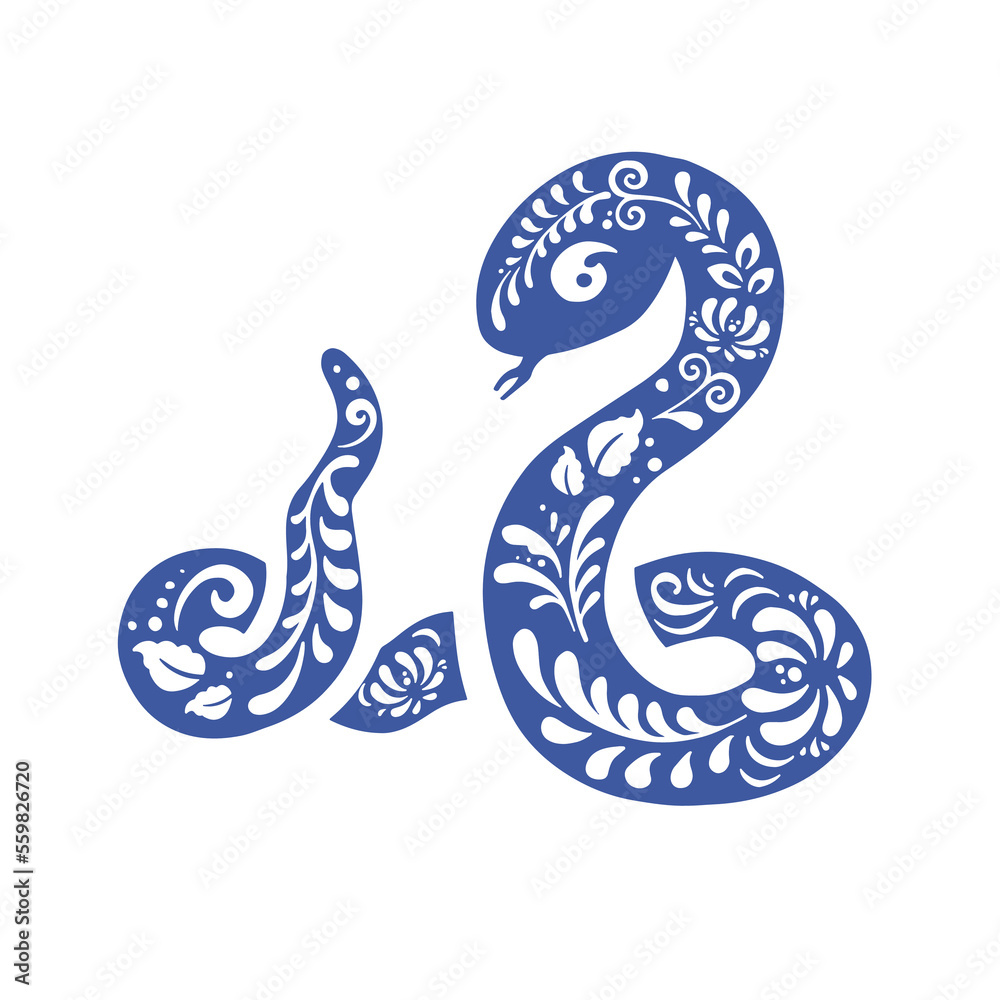 Obraz premium Snake, blue ethno viper in gzhel painting style and vector illustration