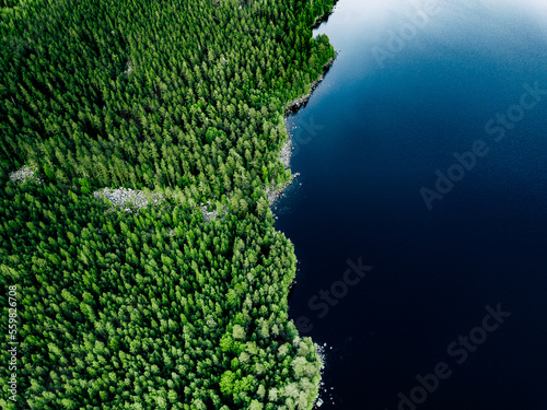 Aerial view of blue lake stone shore and and green woods with pine trees in Finland.