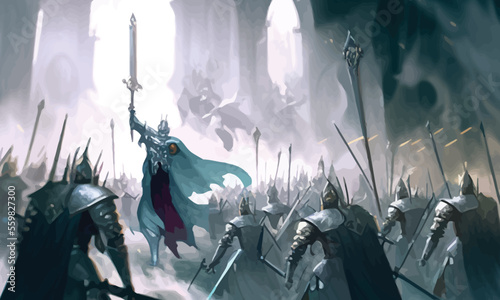 A jubilant army of knights in plate armor with swords and shields responds to the cry of their holy leader, she is a woman with a huge sword and a long cloak hovering in ozduh like an angel. 2d art