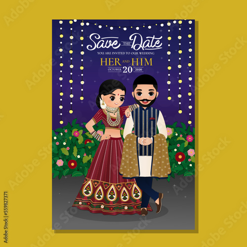 Cute hindu couple in traditional indian dress cartoon character.Romantic wedding invitation card